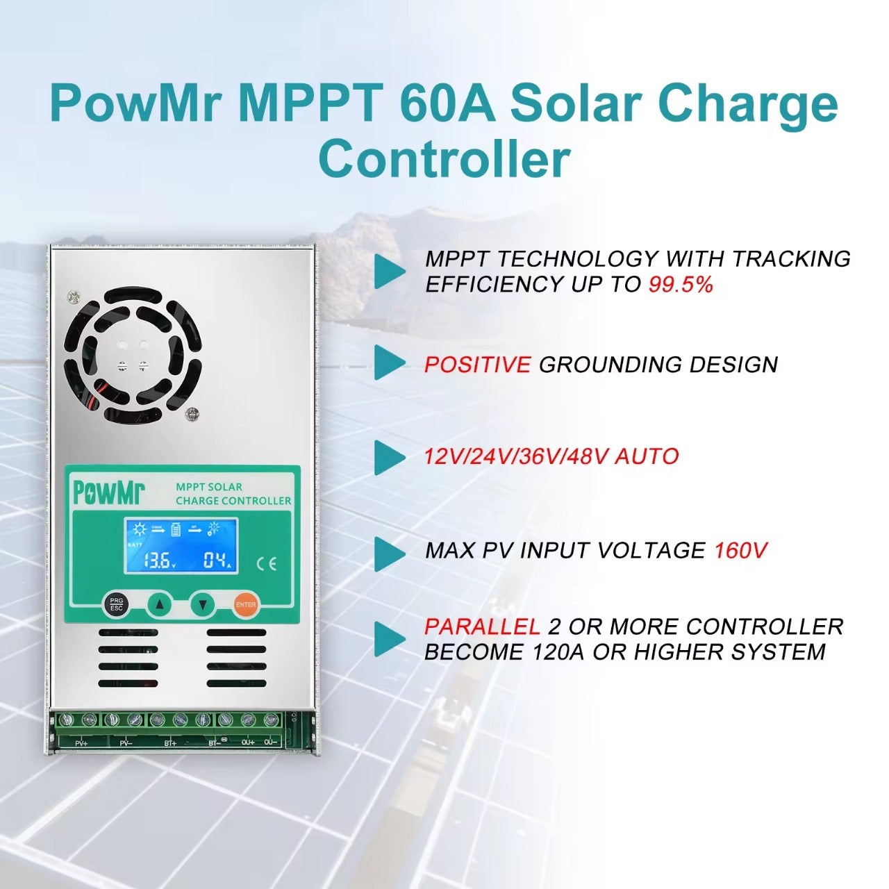 PowMr MPPT Solar Charge Controller 60 amp 48V 36V 24V 12V Auto - Max 160VDC Input, LCD Backlight Solar Charge Controller SmartEshop.Pk