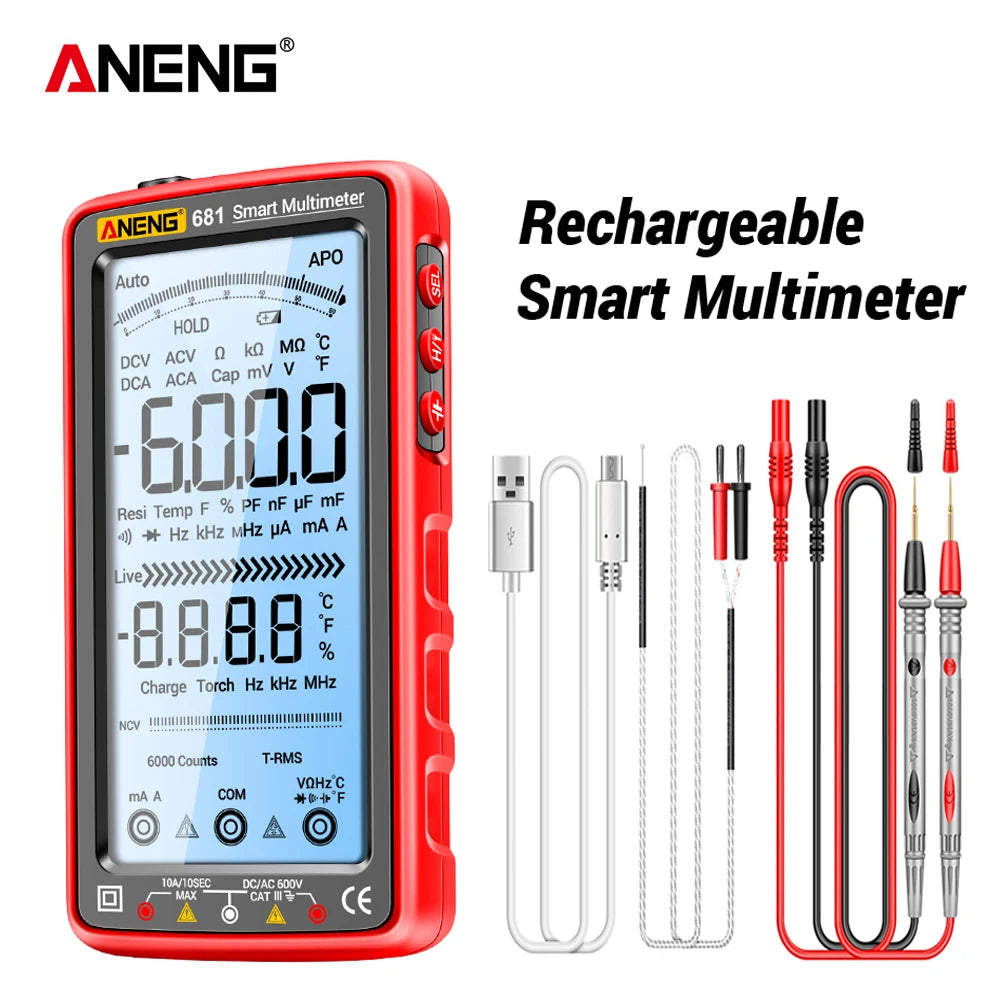 ANENG 681 Rechargable Digital Professional Multimeter Non-contact Voltage Tester AC/DC Voltage Meter LCD Screen Current Tester SmartEshop.Pk