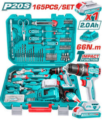 TOTAL THKTHP11652 165-Pcs Tool Set with 20V Cordless Impact Drill, Battery & Charger | Complete Tool Kit