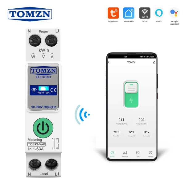 Tomzn TOB9S-VAP 8in1 63A WIFI Smart Switch with monitoring and Protection, TOMZN wifi breaker full function Tomzn