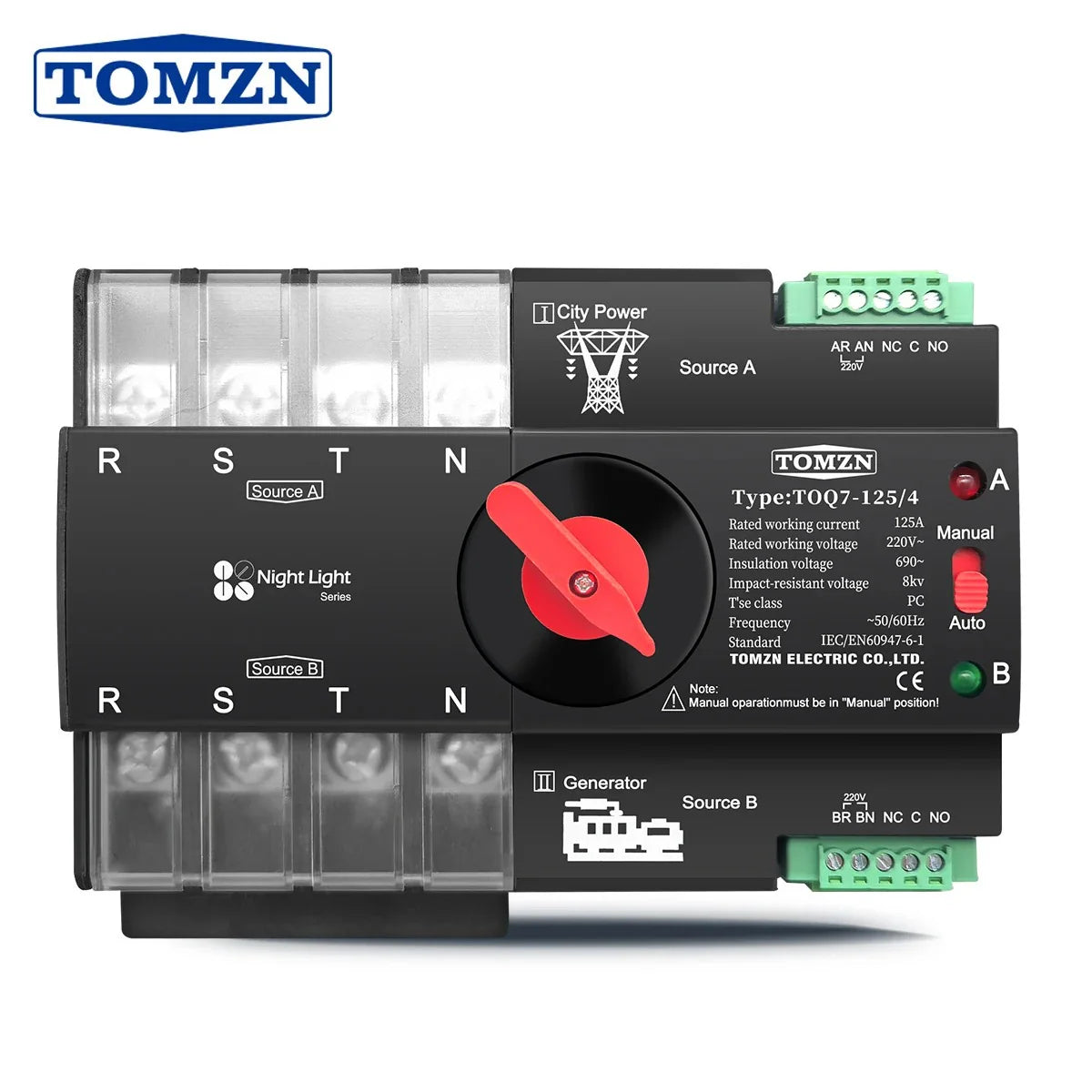 Tomzn TOQ7 4P-125A AC Three Phase Din Rail 220V Dual Power Automatic Transfer Switch ATS Tomzn