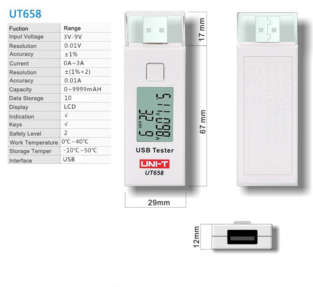 UNI-T UT658 Digital LCD USB Charger Current Voltage Capacity Tester DC3-9V 3A - SmartEshop.Pk