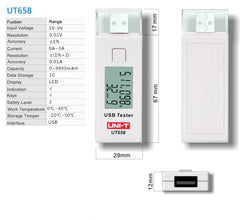 UNI-T UT658 Digital LCD USB Charger Current Voltage Capacity Tester DC3-9V 3A - SmartEshop.Pk