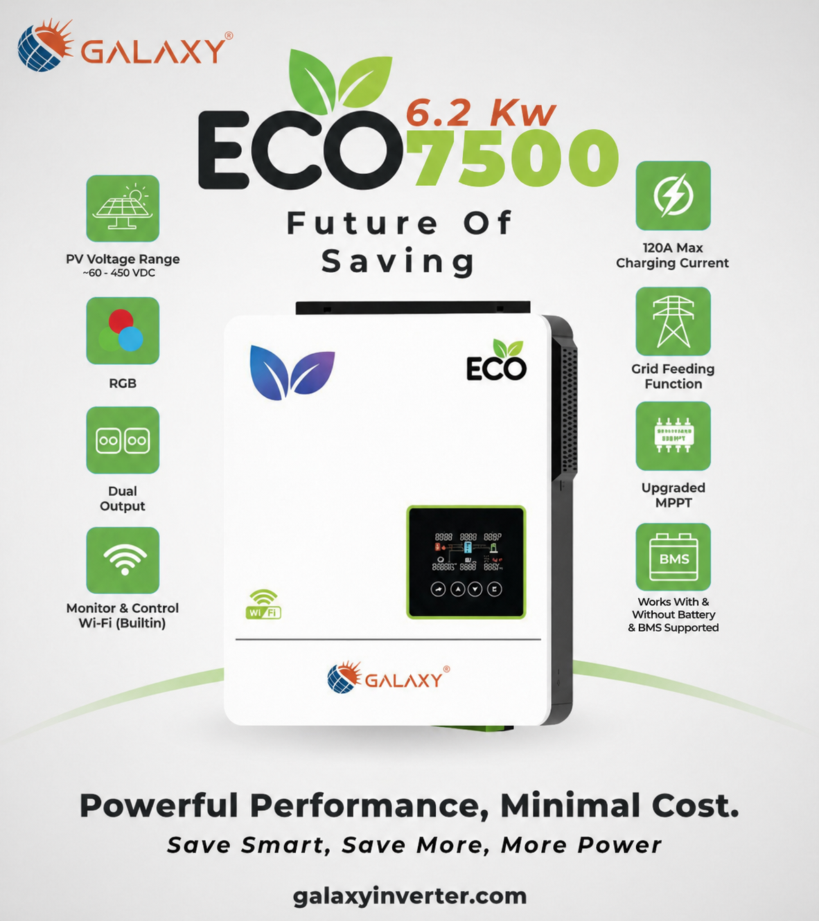 Galaxy ECO PV7500 6.2kW Smart Hybrid Inverter – Battery / Battery-Less, WiFi, Grid-Feed SmartEshop.Pk
