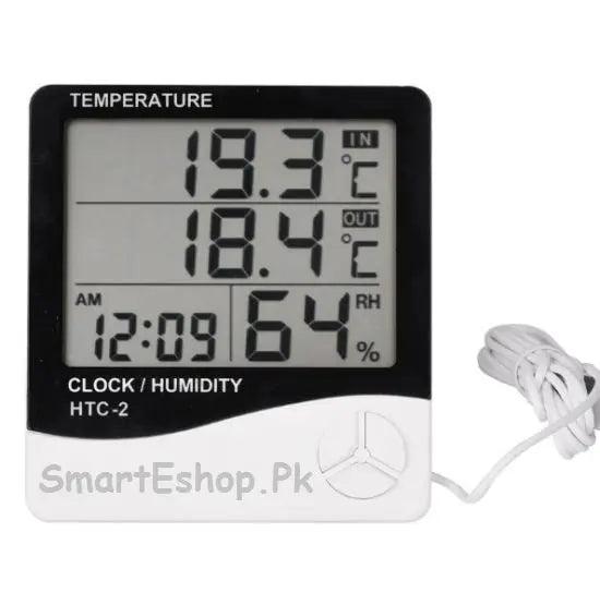 HTC-2A Digital Thermometer Hygrometer Weather Station Temperature Humidity Meter Clock Wall Indoor Outdoor Sensor Probe LCD - SmartEshop.Pk