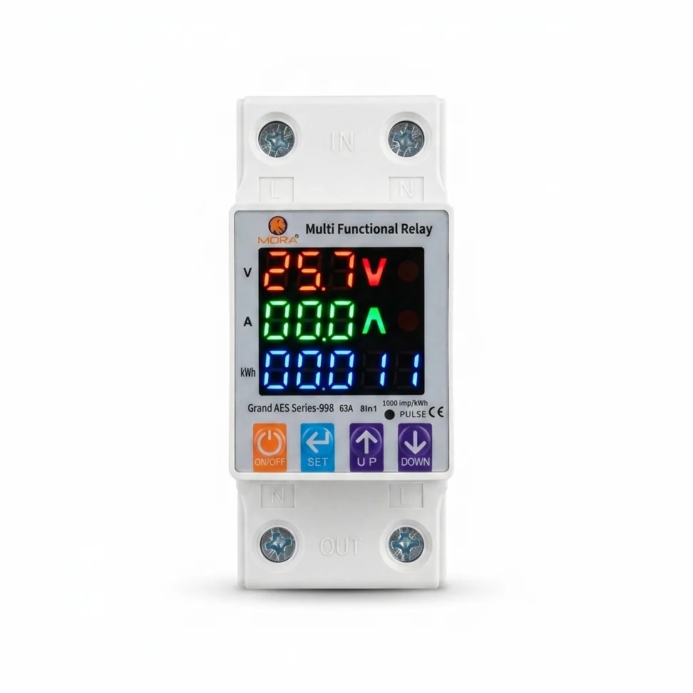 MORA 8-in-1 Smart Voltage Protector 63A – Over & Under Voltage Protection with kWh Meter & Power Display