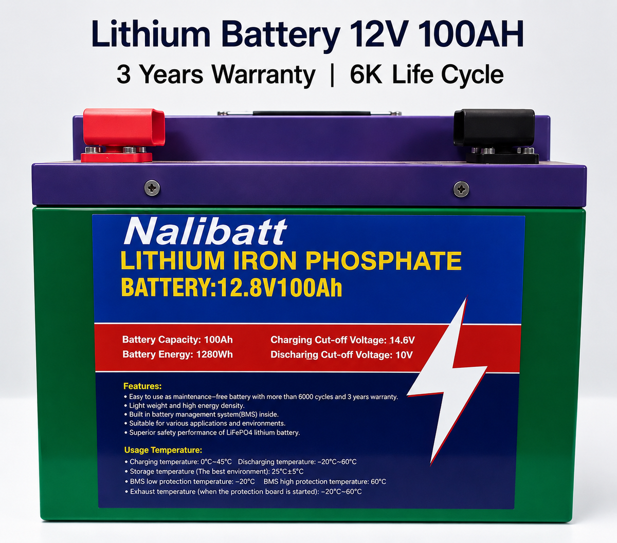Nalibatt 12V 100Ah LiFePO4 Lithium Battery – 1280Wh Deep Cycle Solar Battery with Built-in BMS | 3 Years Warranty