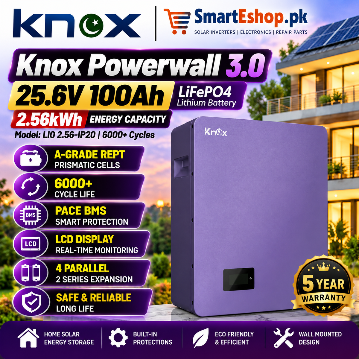 Knox Powerwall 3.0 25.6V 100Ah LiFePO4 Lithium Battery | 2.56kWh | 6000+ Cycles