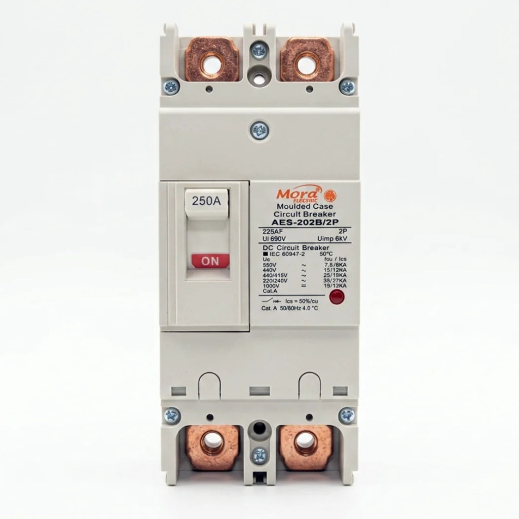 Mora AES250N 250A 2P DC MCCB Breaker with Copper Points for Solar Panels & Battery Systems