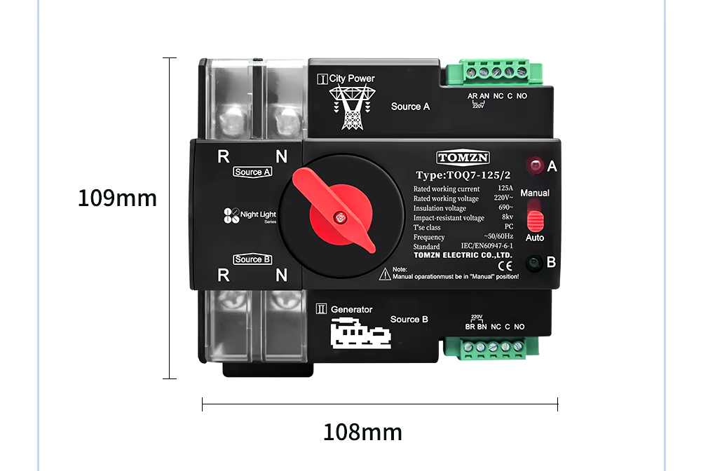 Tomzn TOQ7 2P-125A AC Single Phase Din Rail 220V Dual Power Automatic Transfer Switch ATS