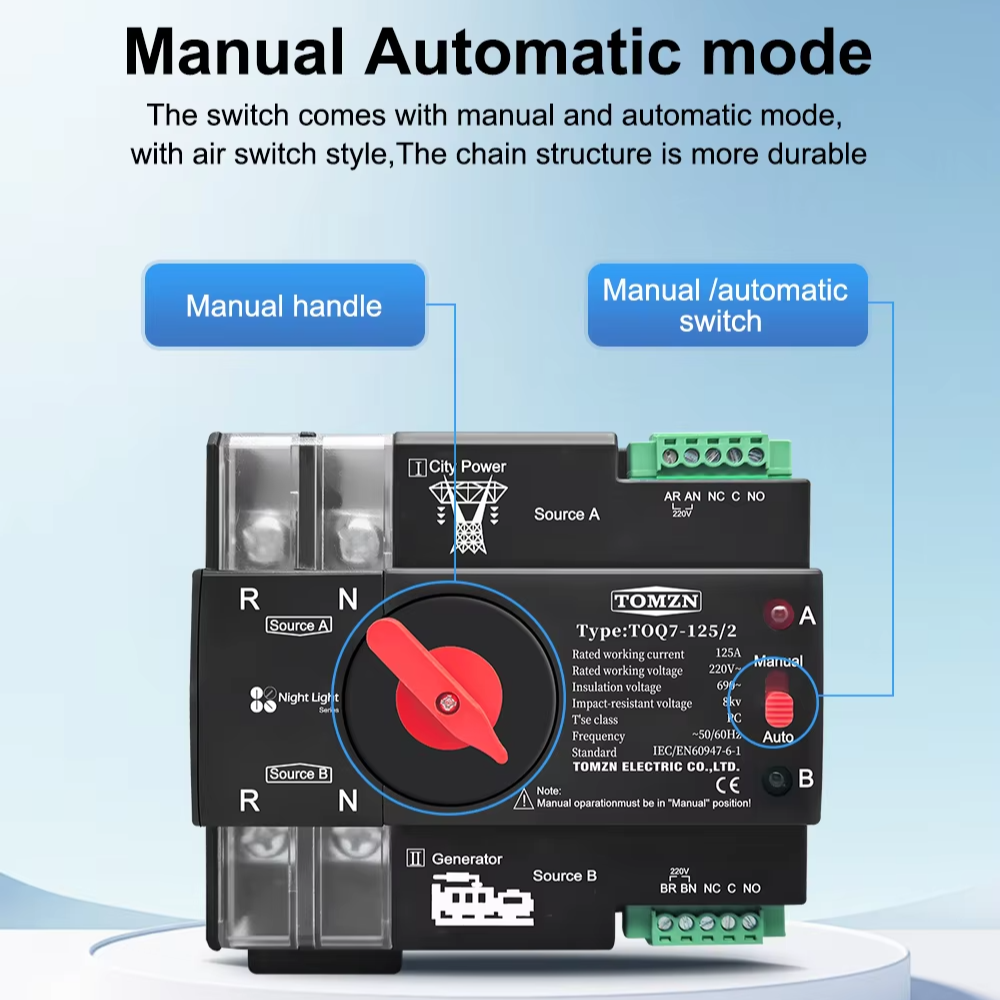 Tomzn TOQ7 2P-125A AC Single Phase Din Rail 220V Dual Power Automatic Transfer Switch ATS