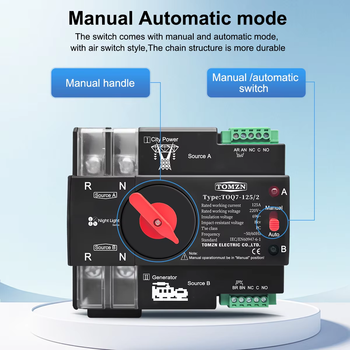 Tomzn TOQ7 2P-125A AC Single Phase Din Rail 220V Dual Power Automatic Transfer Switch ATS