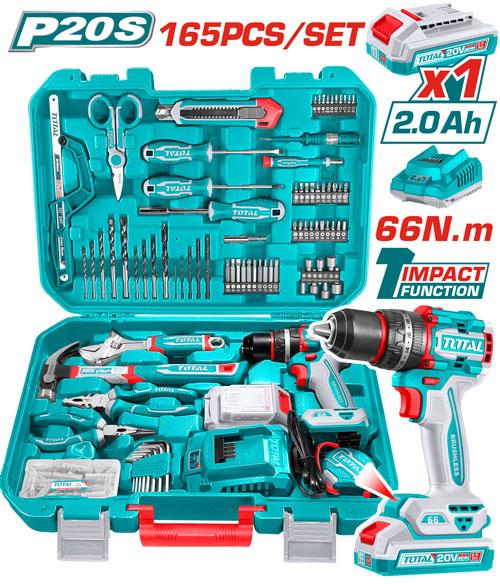 TOTAL THKTHP11652 165-Pcs Tool Set with 20V Cordless Impact Drill, Battery & Charger | Complete Tool Kit
