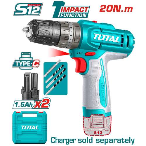 TOTAL TIDLI12206 12V Cordless Impact Drill | 20Nm 2-Speed Lithium-Ion Drill with 2 Batteries