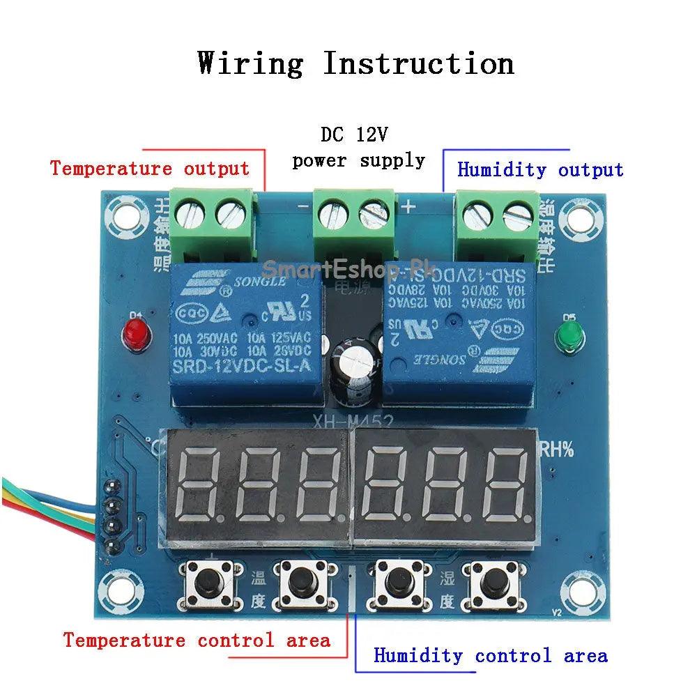 XH-M452 Thermostat Temperature Humidity Control Thermometer Hygrometer Controller Module DC 12V LED Digital Display Dual Output - SmartEshop.Pk