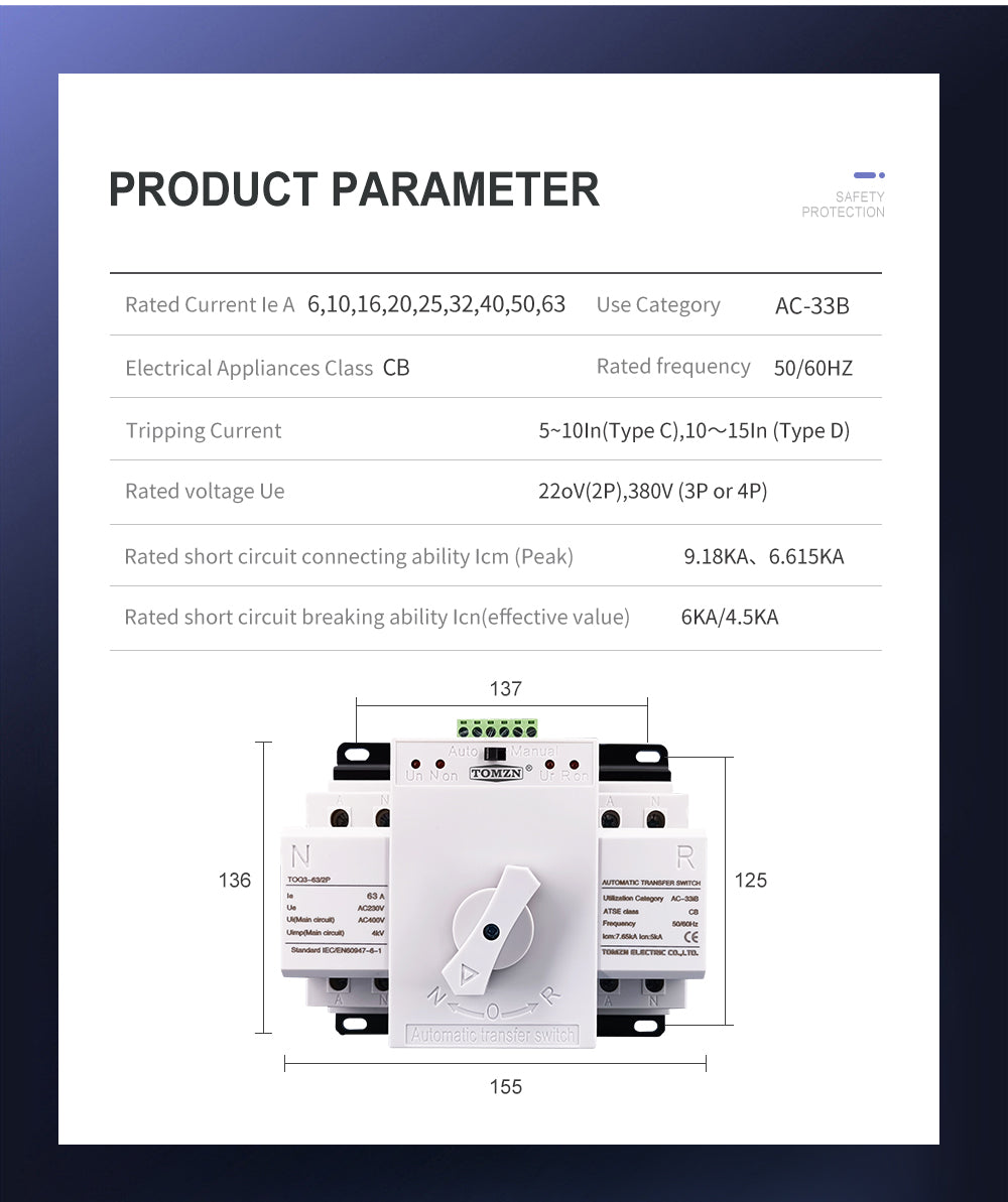 Tomzn TOQ3 2P-63A & 125A AC Single Phase Din Rail 220V Dual Power Automatic Transfer Switch ATS