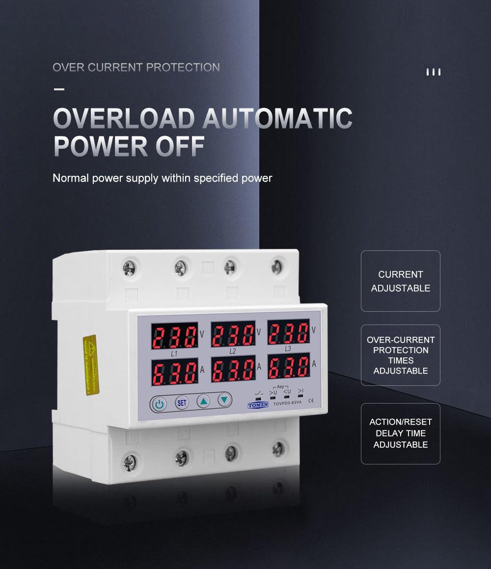 Tomzn Din Rail 3 Phase Voltage Relay 3P+N Voltmeter Ammeter Over and Under Voltage Monitor Relays Protector Adjust Current Overvoltage - SmartEshop.Pk