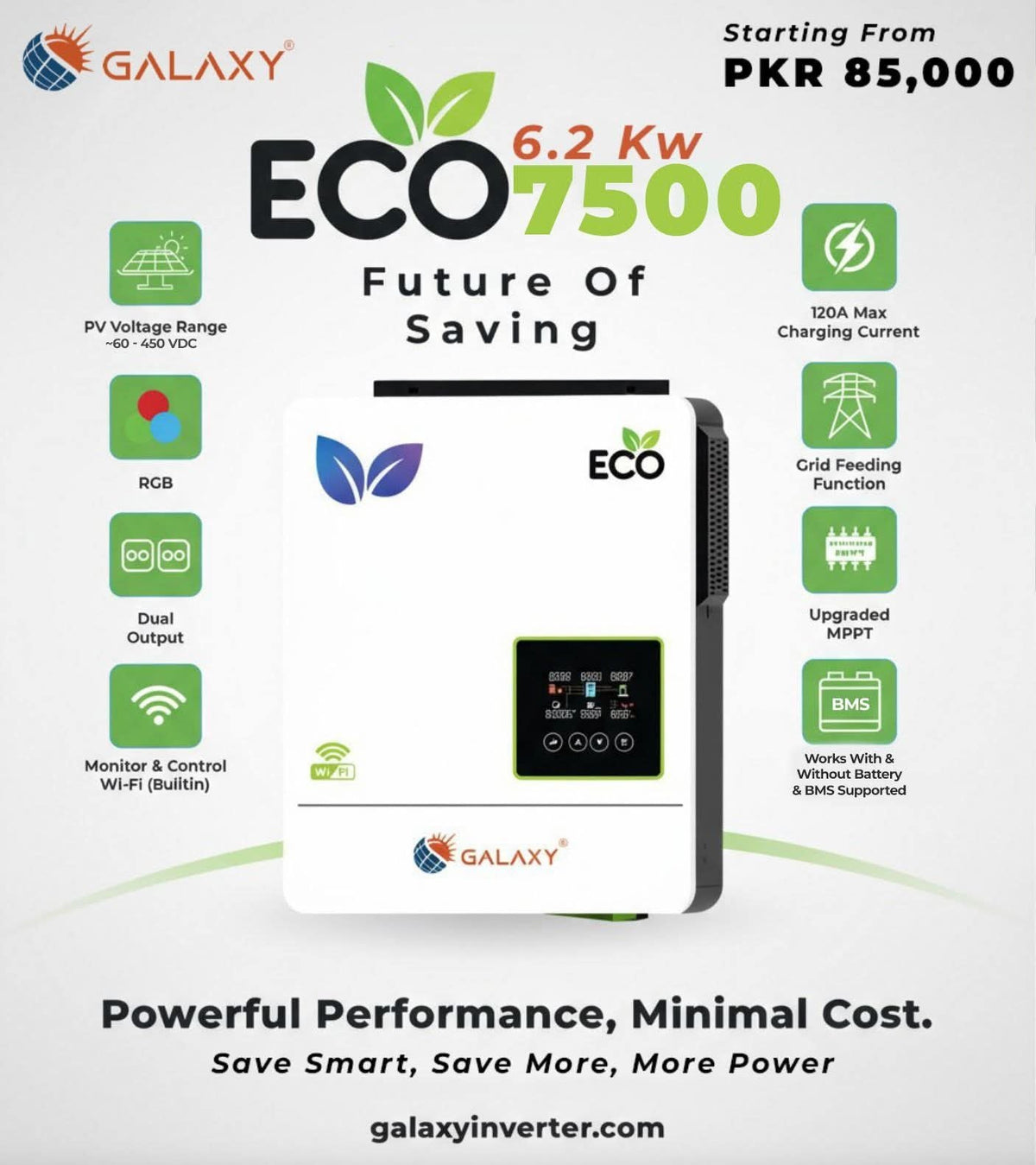 Galaxy ECO PV7500 6.2kW Smart Hybrid Inverter – Battery / Battery-Less, WiFi, Grid-Feed SmartEshop.Pk