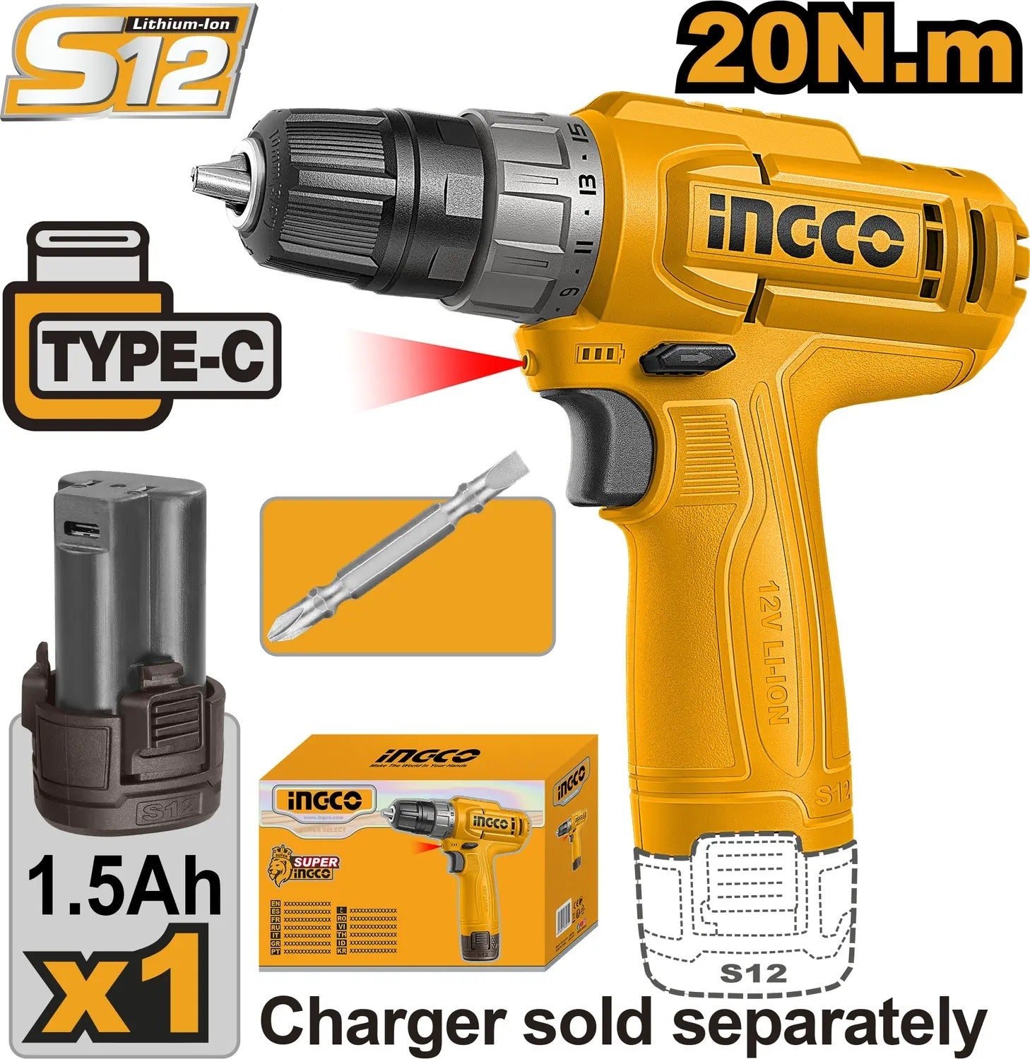 INGCO CDLI12456 Cordless Drill 12V – 10mm Keyless Chuck | Compact & Powerful Drill Machine SmartEshop.Pk