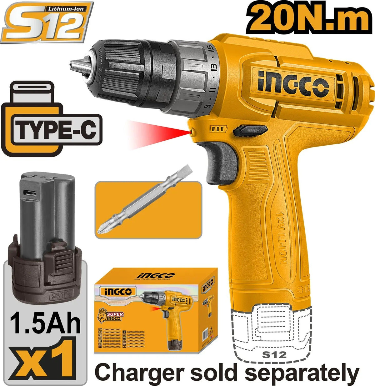 INGCO CDLI12456 Cordless Drill 12V – 10mm Keyless Chuck | Compact & Powerful Drill Machine SmartEshop.Pk