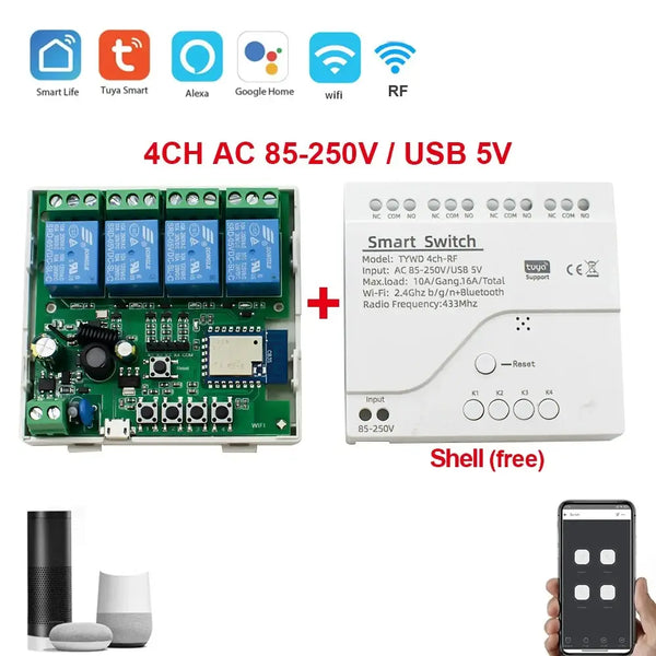 4CH RF Smart Switch 12V 24V 220V AC DC WIFI Tuya Remote Control 433 Light Switch 10A Rele Relay Self-locking interlock inching My Store