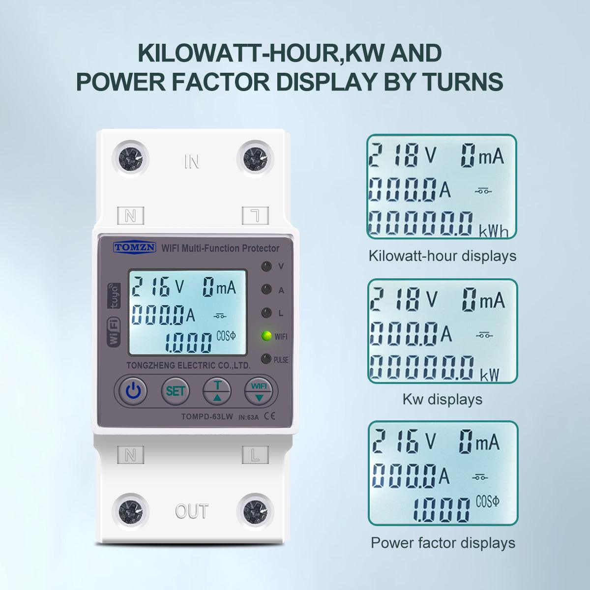 TOMZN 63A WIFI Smart Switch TUYA Energy Meter Kwh Metering Circuit Breaker Timer with voltage current and leakage protection - SmartEshop.Pk