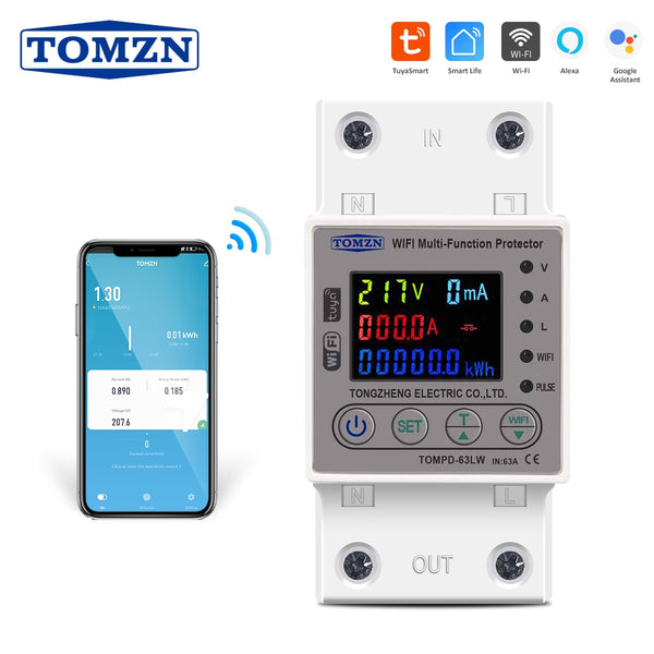 TOMZN 63A WIFI Smart Switch TUYA Energy Meter Kwh Metering Circuit Breaker Timer with voltage current and leakage protection My Store